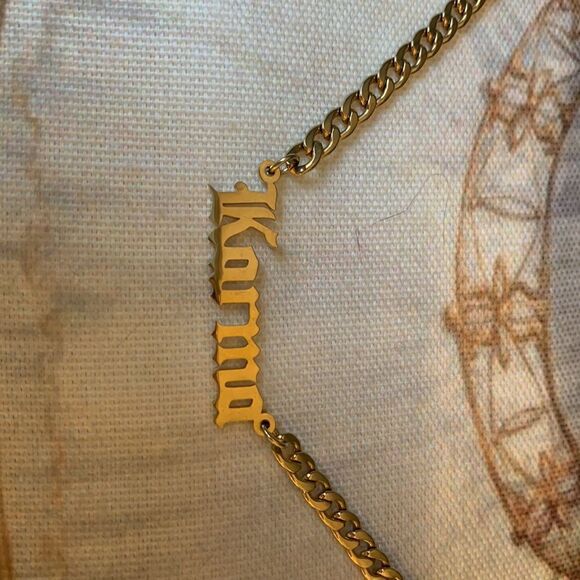 “KARMA” 18kt Gold Over Stainless Steel 19” Designer Necklace. New - Picture 5 of 6